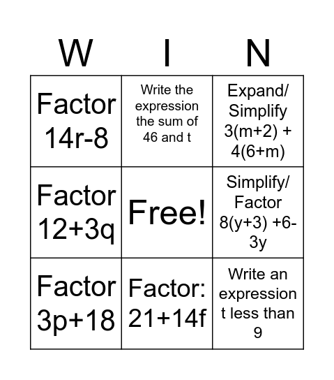 Expanding and Factoring Expressions Bingo Card