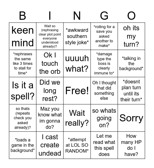 DIdn't pay attention Bingo Card