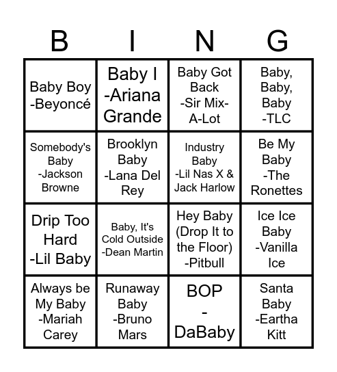 Baby Songs Music Bingo Card
