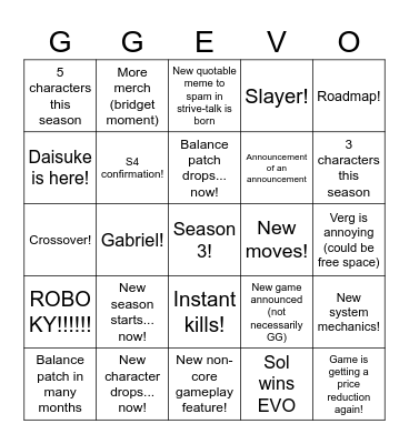 Arcsys 2023 EVO Bingo Card