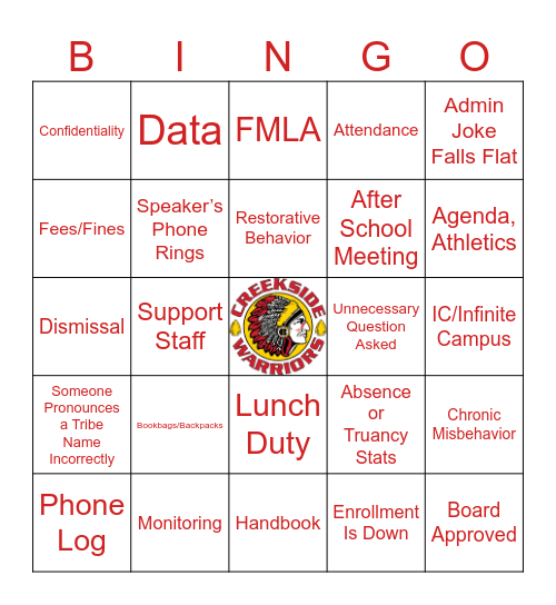 Welcome back Creekside Teachers and Staff Bingo Card