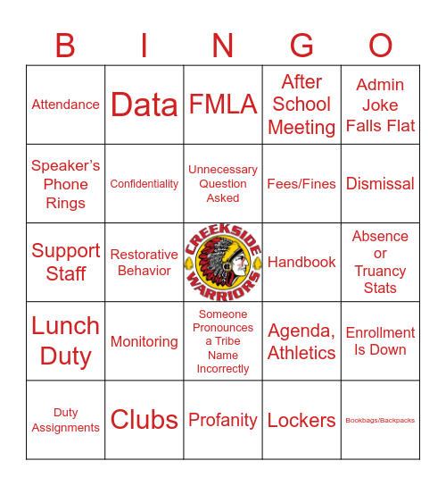 Welcome Back Creekside Teachers and Staff Bingo Card