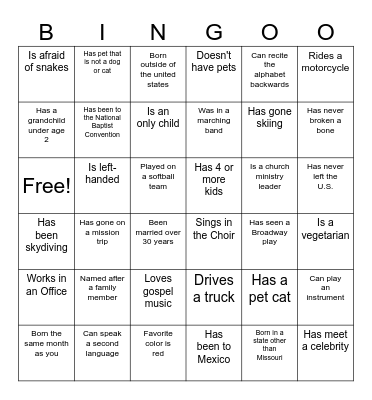 NSM Get to know you Bingo Card