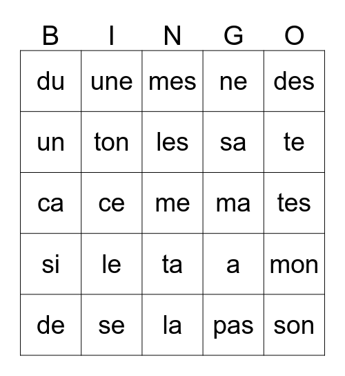 les mots Bingo Card