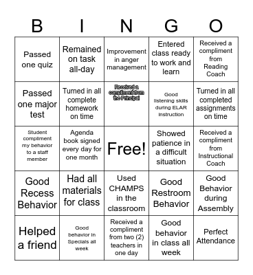 Behavior Bingo Reward Bingo Card