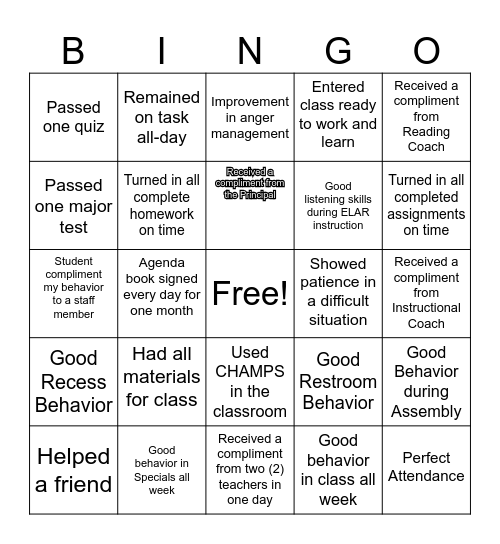 Behavior Bingo Reward Bingo Card