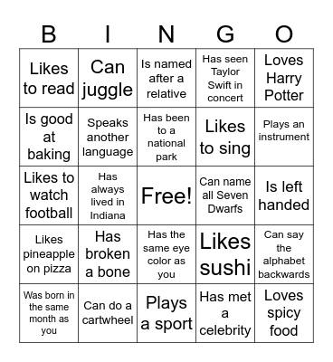 Yearbook Bingo Card