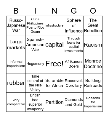 Imperialism Chapter 17 Bingo Card