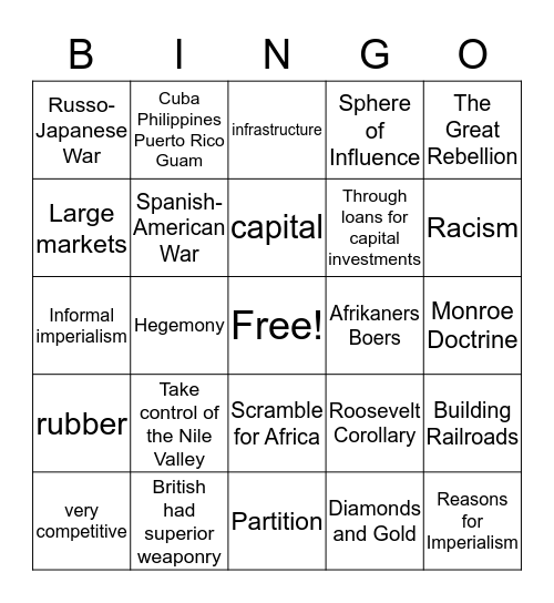 Imperialism Chapter 17 Bingo Card