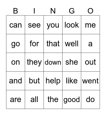 Sight Words Bingo Card