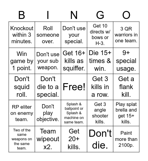 Splatoon Challenge Bingo Card
