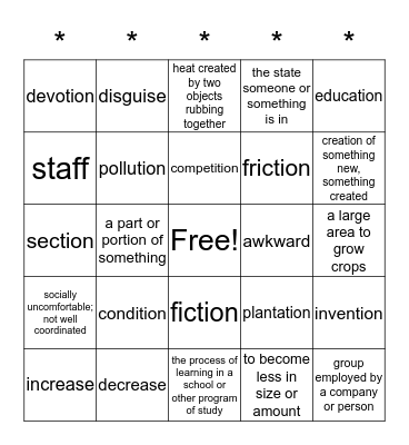 5A Vocabulary Bingo Card