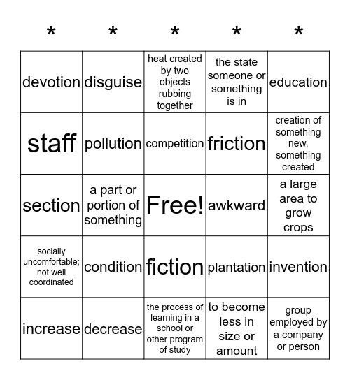 5A Vocabulary Bingo Card