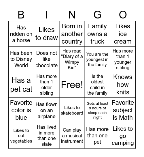 Classmate Bingo Card