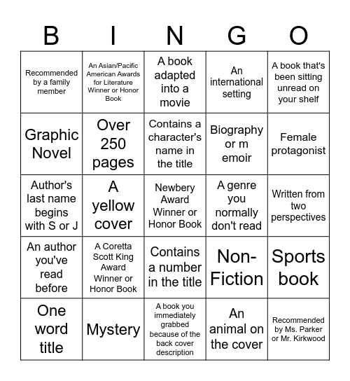 Class 6 Book Bingo Card