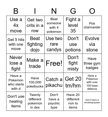 Pokemon fire red bingo Card