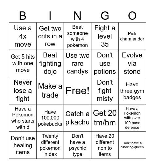 Pokemon fire red bingo Card