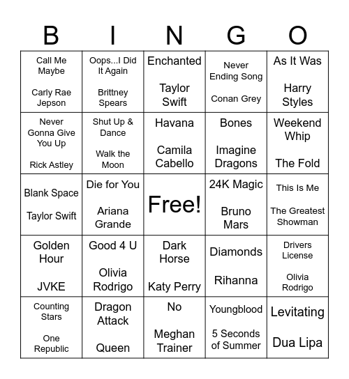 Name That Song! Bingo Card