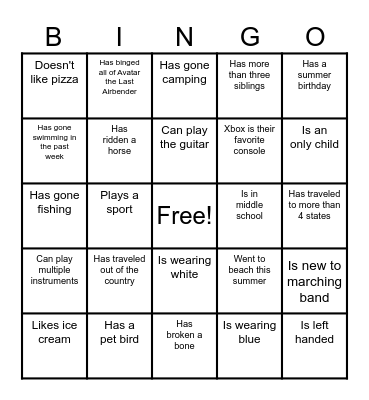 Band Camp Bingo Card