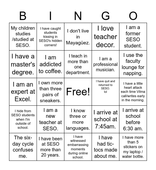 FACULTY BINGO Card