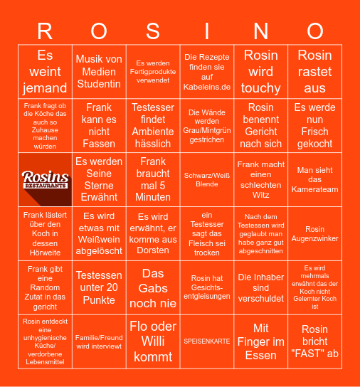 Rosin`s Restaurant Bingo Card