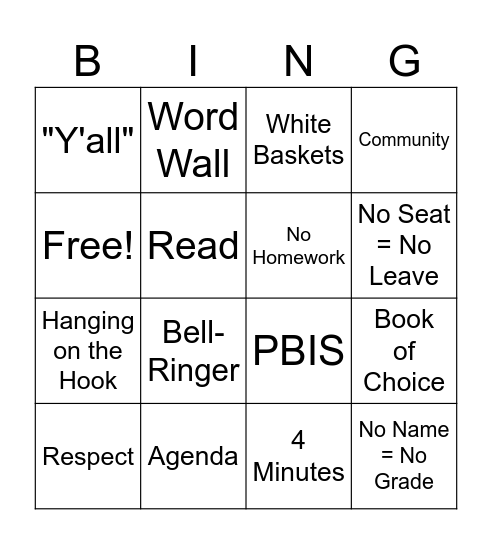 Classroom Procedures Bingo Card