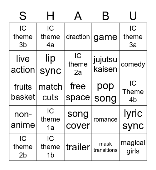 SHABU SHOWDOWN Bingo Card