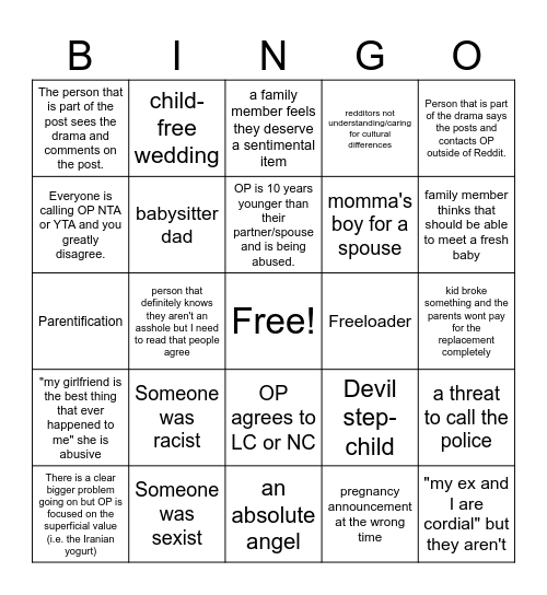 AITA Bingo Card