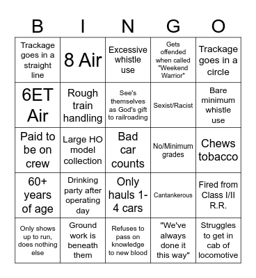 Weekend Railroader Bingo Card