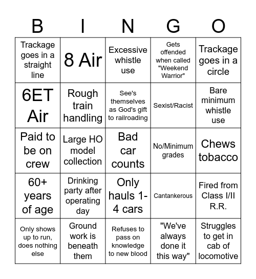 Weekend Railroader Bingo Card