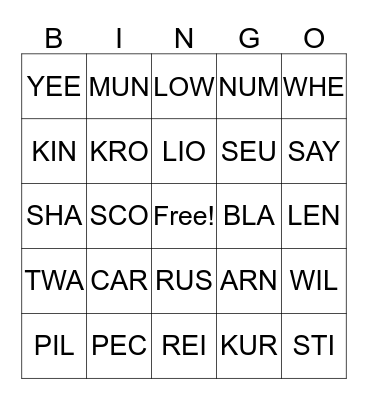 Call Number Bingo Card