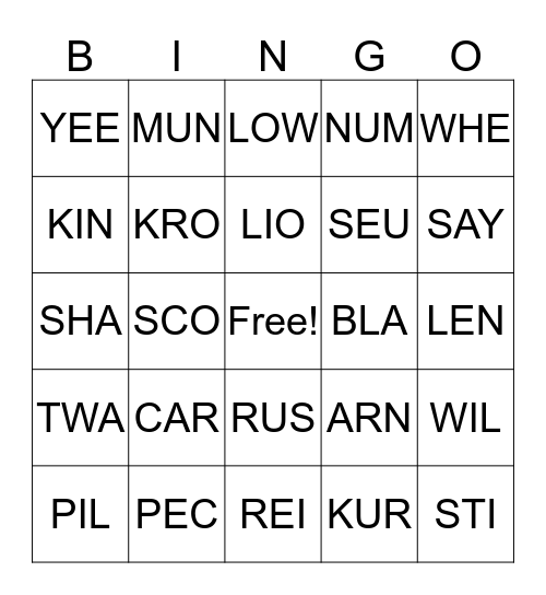 Call Number Bingo Card