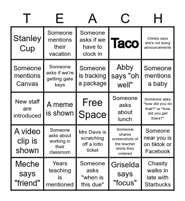 Back to School Bingo Card