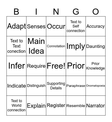 Vocabulary  Bingo Card