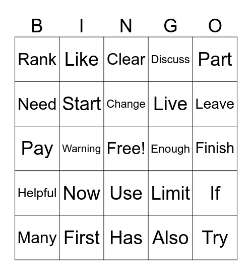 Plain Language Bingo Card