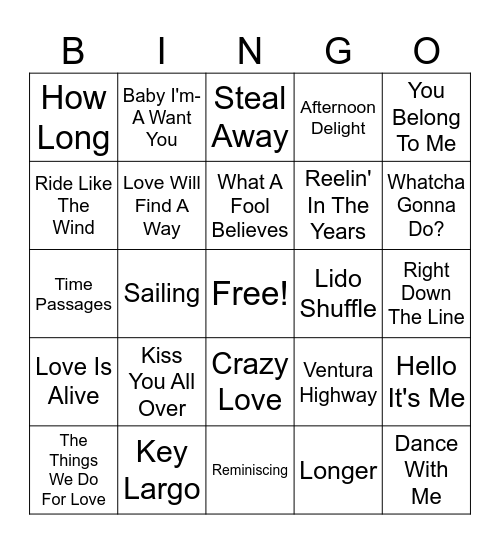 Yacht Rock Bingo Card