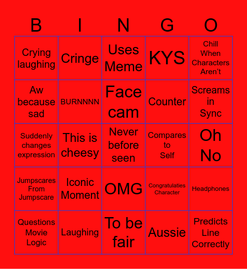 Reaction Bingo Card