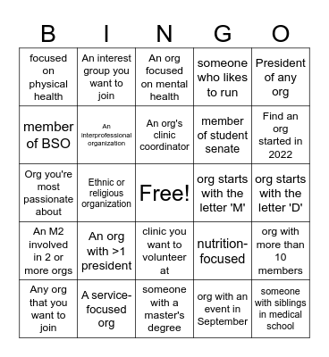 WSUSOM Student Org Fair Bingo Card