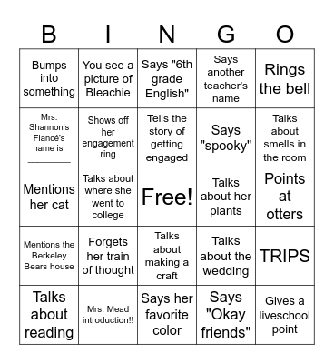 Mrs. Shannon Bingo Card