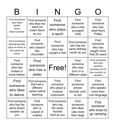 Get to Know Each Other Bingo Card