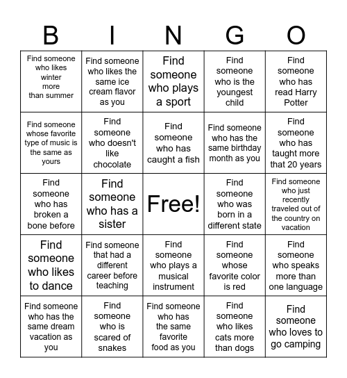 Get to Know Each Other Bingo Card