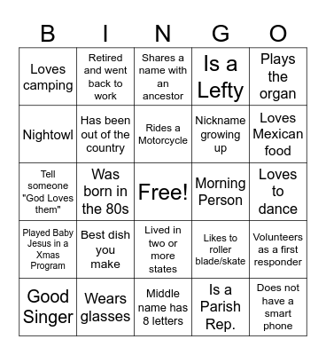 Get to know you Bingo Card