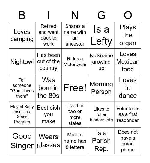 Get to know you Bingo Card