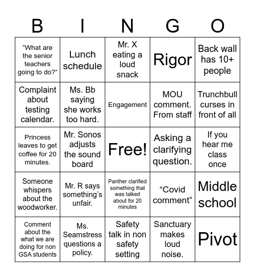 Welcome to the jungle 2023 Bingo Card