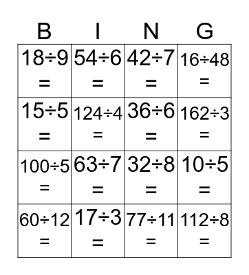 Division Bingo! Bingo Card