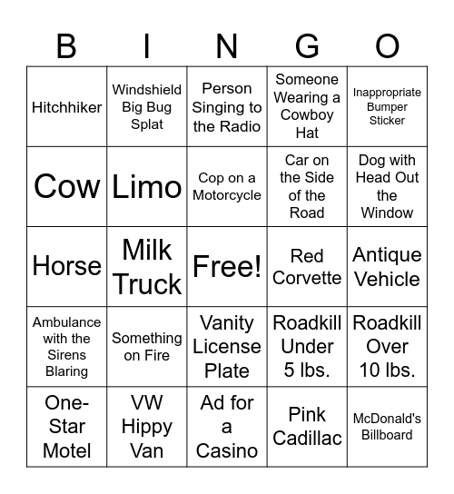 Road Trip Bingo Card