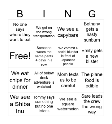 Japan 2023 Bingo Card