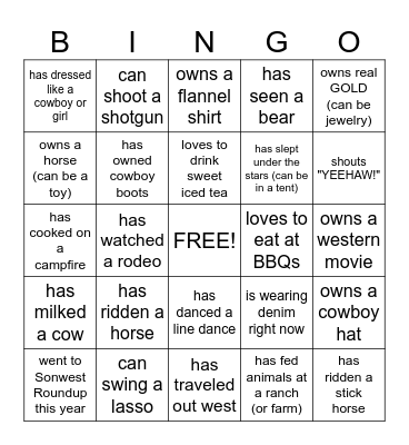 Cowboy Bingo Card