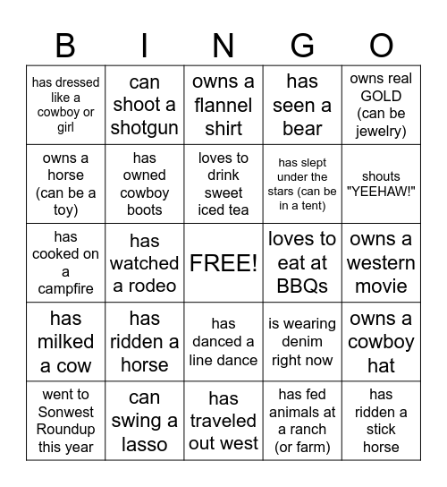 Cowboy Bingo Card