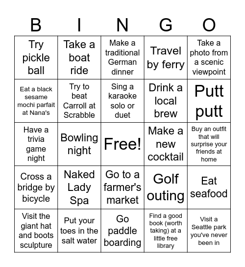 Birgit's Seattle Vacation Bingo 2023 Bingo Card